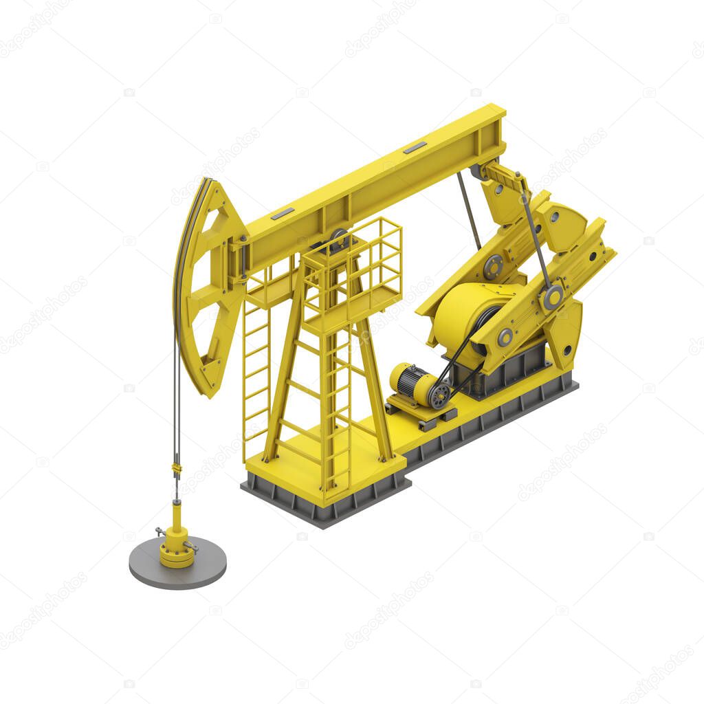 Yellow oil pump isolated on white background. Isometric oil pumpjack. Industrial infographic. 3d render. 3d illustration.