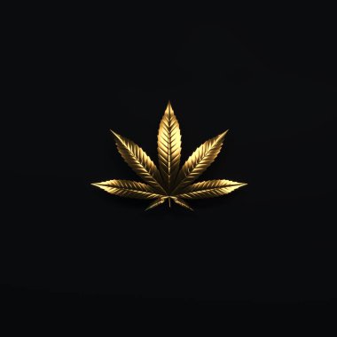 Lüks altın kenevir yaprağı. Siyah arka planda izole edilmiş altın parıltılı marihuana yaprağı. Logo tasarımı için esrar amblemi. 3 boyutlu görüntüleme. 3d illüstrasyon.