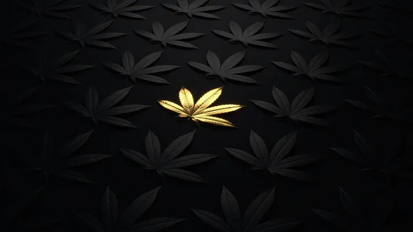 Fondo dorado de lujo con hojas de cannabis. Mínimo diseño de moda fondo de pantalla marihuana. Negro y oro deja cannabis.3d render. ilustración 3d . —  Fotos de Stock