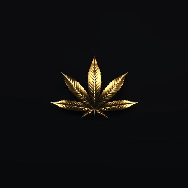 Foglia di cannabis dorata di lusso. Foglia dorata luccicante di marijuana isolata su sfondo nero. Emblema della cannabis per il logo. Resa 3d. Illustrazione 3d . — Foto Stock