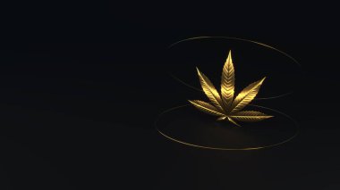 Lüks altın kenevir yaprağı. Siyah arka planda izole edilmiş altın parıltılı marihuana yaprağı. Altın şekilli kenevir yaprağı izometrik görüntüsü. 3 boyutlu görüntüleme. 3d illüstrasyon.
