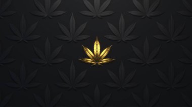 Esrar yapraklı lüks altın arka plan. En az modayı takip eden duvar kağıdı marihuanası. Siyah ve altın yapraklı cannabis.3D render. 3d illüstrasyon.