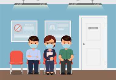 Klinik bekleme odası. Yüzü maskeli hastalar doktordan resepsiyon bekliyorlar. Koronavirüsü test edin. Salgın ve karantina. Klinikte virüs tedavisi. Düz biçimli vektör illüstrasyonu.