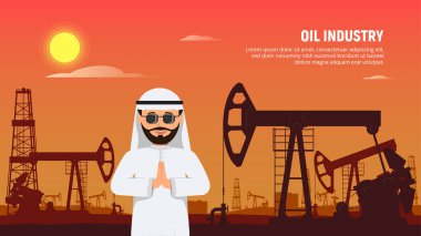 Petrol kulesi ve petrol pompalarının arkasındaki Arap işadamı. Petrol piyasası krizi. Coronavirüs, düşen petrol fiyatlarına etki eder. Düz biçimli Vektör İllüstrasyonu.