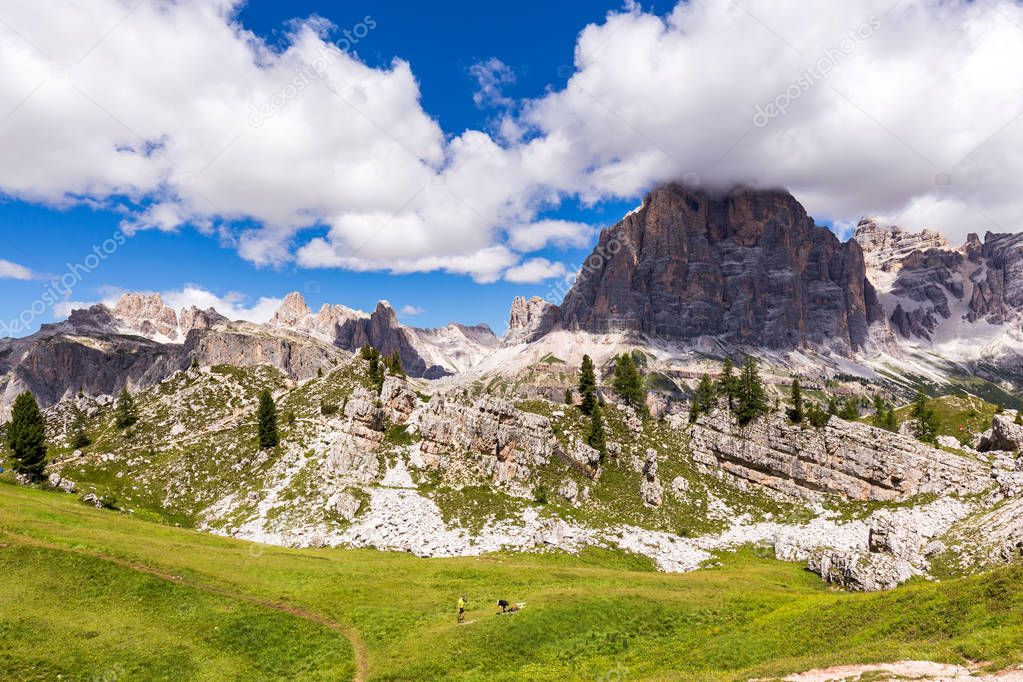 View of Tofane, a mountain group in the Dolomites of northern Italy, west of Cortina d'Ampezzo in the province of Belluno, Veneto.