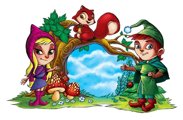 Two cute little forest elves with squirrel — Stock Photo, Image