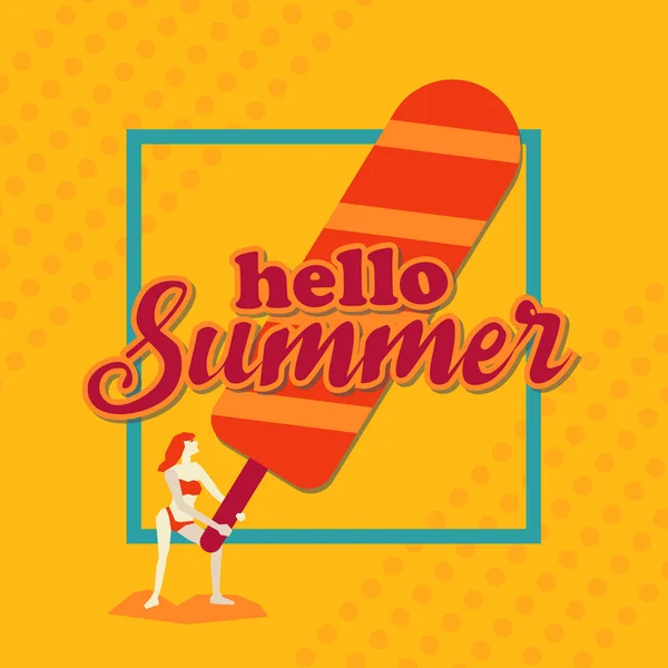 Merhaba yaz, dondurma ile kadın ve sınır, turuncu tonlu tasarım