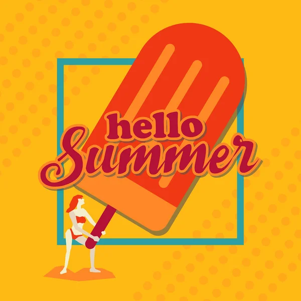 你好夏天，冰激淋的女人和边界，橙色色调设计 图库矢量图片