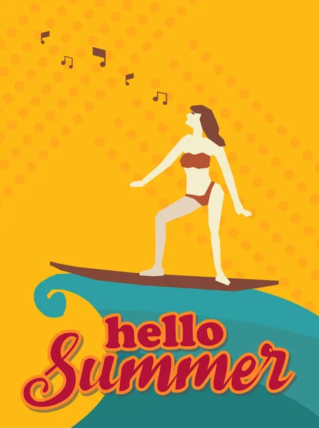 你好夏天，女人与冲浪板和音乐，橙色色调设计 免版税图库插图