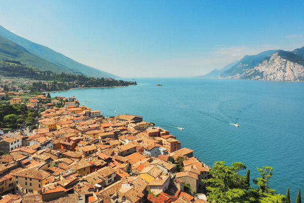 Aerial view of the city Malcesine at lake Garda, Italy.