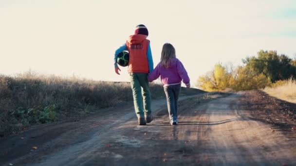 Двое маленьких детей идут по грунтовой дороге — стоковое видео