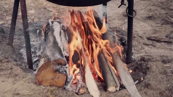 Fogata ardiendo bajo un caldero — Vídeo de stock