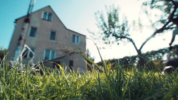 Зеленая трава перед домом в солнечный день — стоковое видео