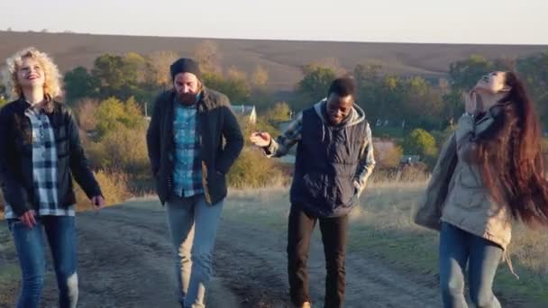 Toprak yolda yürüyen mutlu farklı grup — Stok video