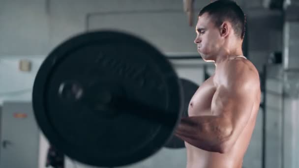 Vista laterale posteriore sull'uomo che si allena in palestra — Video Stock