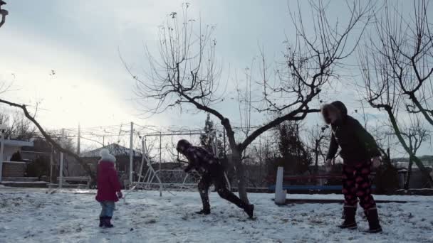 Familj spelar med hund i vinter — Stockvideo