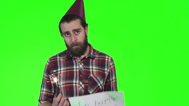 Bearded man with sparkle and happy sign — Stock Video