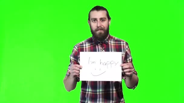 Bearded man holds up happy sign — Stock Video