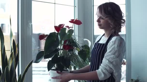 La mujer con una flor en las manos — Vídeo de stock