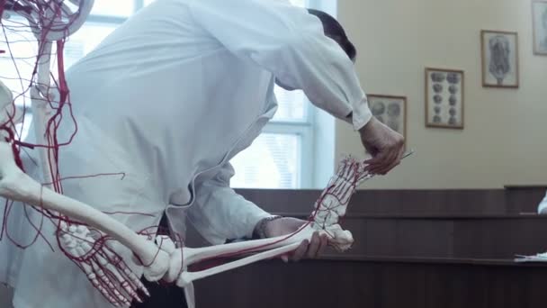 Студент-медик в классе анатомии — стоковое видео