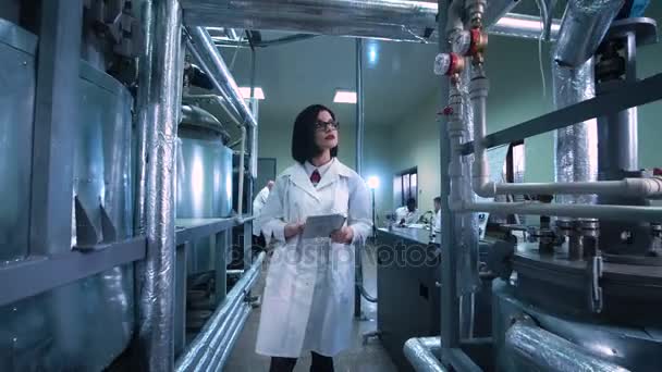 Femme avec la tablette sur l'usine de chimie — Video