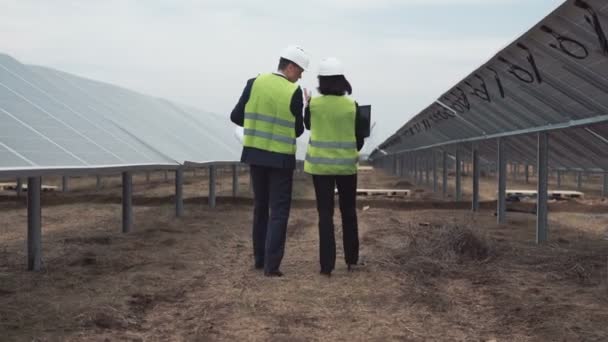 Інженери йдуть серед сонячних батарей — стокове відео