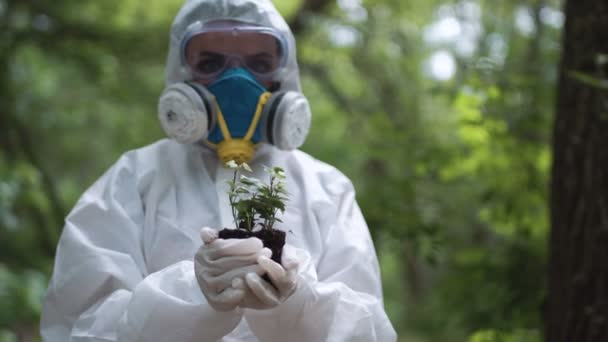 Biochemist holding small plant — Stock Video