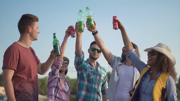 Groupe de jeunes adultes heureux trinquer l'un l'autre — Video