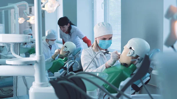 Students practicing dentistry on medical dummies — Stock Photo, Image