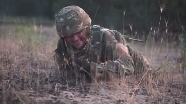 Żołnierz czołga się w dziedzinie — Wideo stockowe