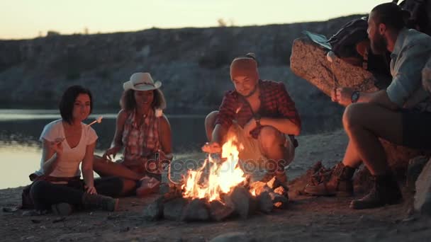 旅行者放松在岸上的篝火 — 图库视频影像
