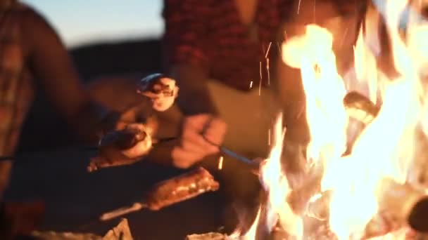 Gewas mensen grillen worstjes in brand — Stockvideo