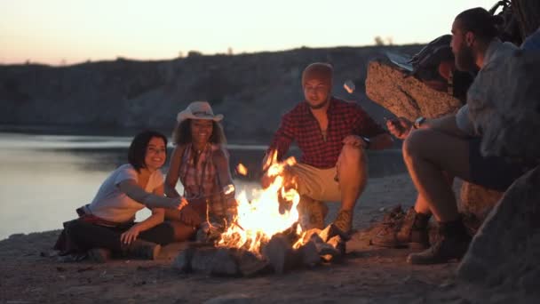 Neşeli arkadaşları kamp ateşi etrafında rahatlatıcı — Stok video