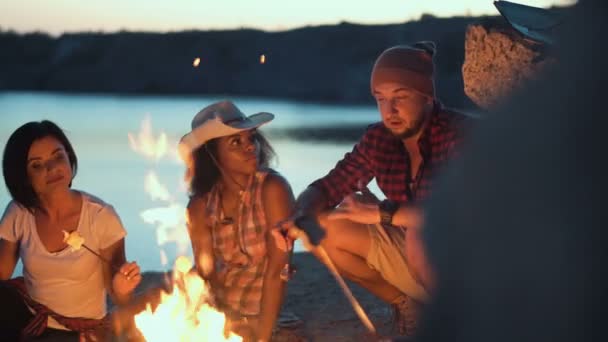 Freunde amüsieren sich am Lagerfeuer — Stockvideo