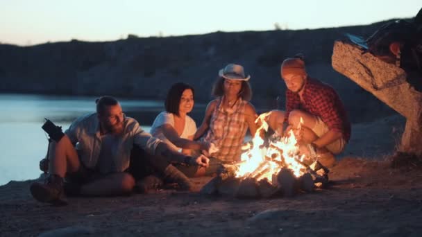 Vrolijke vrienden ontspannen rond het kampvuur — Stockvideo