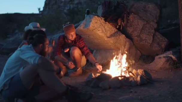 Amigos alegres relaxando ao redor da fogueira — Vídeo de Stock