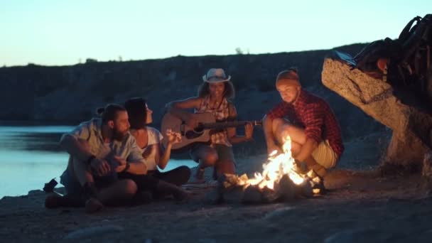 旅行者放松在岸上的篝火 — 图库视频影像