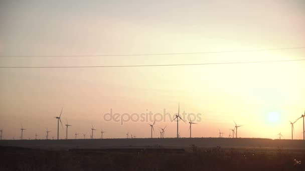 Turbines op windpark bij zonsondergang — Stockvideo