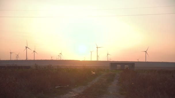 Турбины на ветряной электростанции на закате — стоковое видео