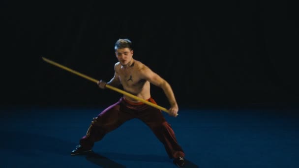 Concentrated man training wushu martial arts — Stock Video