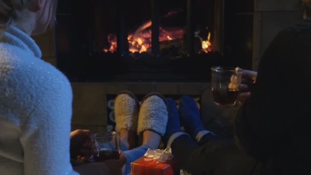 Romantische paar ontspannen bij een open haard — Stockvideo