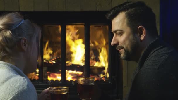 Romantic couple relaxing in front of a fire — Stock Video