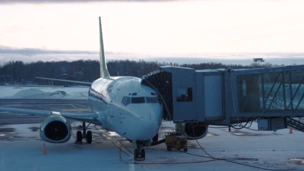Vista del avión conectado con el puente aéreo — Vídeo de stock