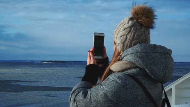 Žena fotografování zmrzlé moře z lodi — Stock video