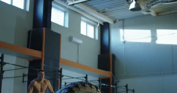 CrossFit egzersiz büyük lastik ile yapan erkek — Stok video