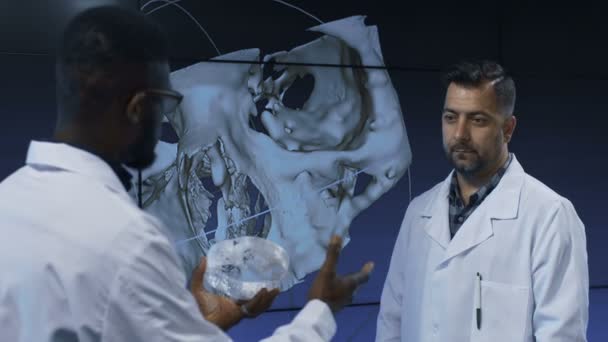 Medical scientists investigating human skull — Stock Video