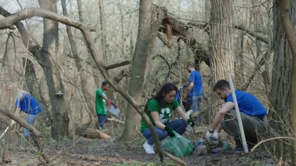 Voluntários coletando lixo na floresta — Vídeo de Stock