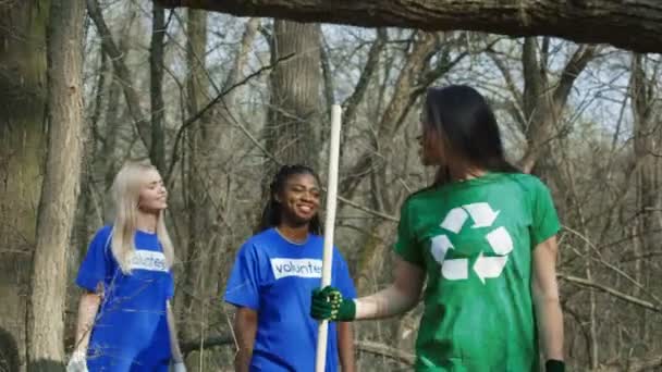 Diversos voluntarios caminando en el bosque — Vídeos de Stock