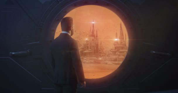 Businessman enjoying view of Martian city — Stockvideo