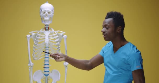 Joven explicando anatomía humana — Vídeos de Stock